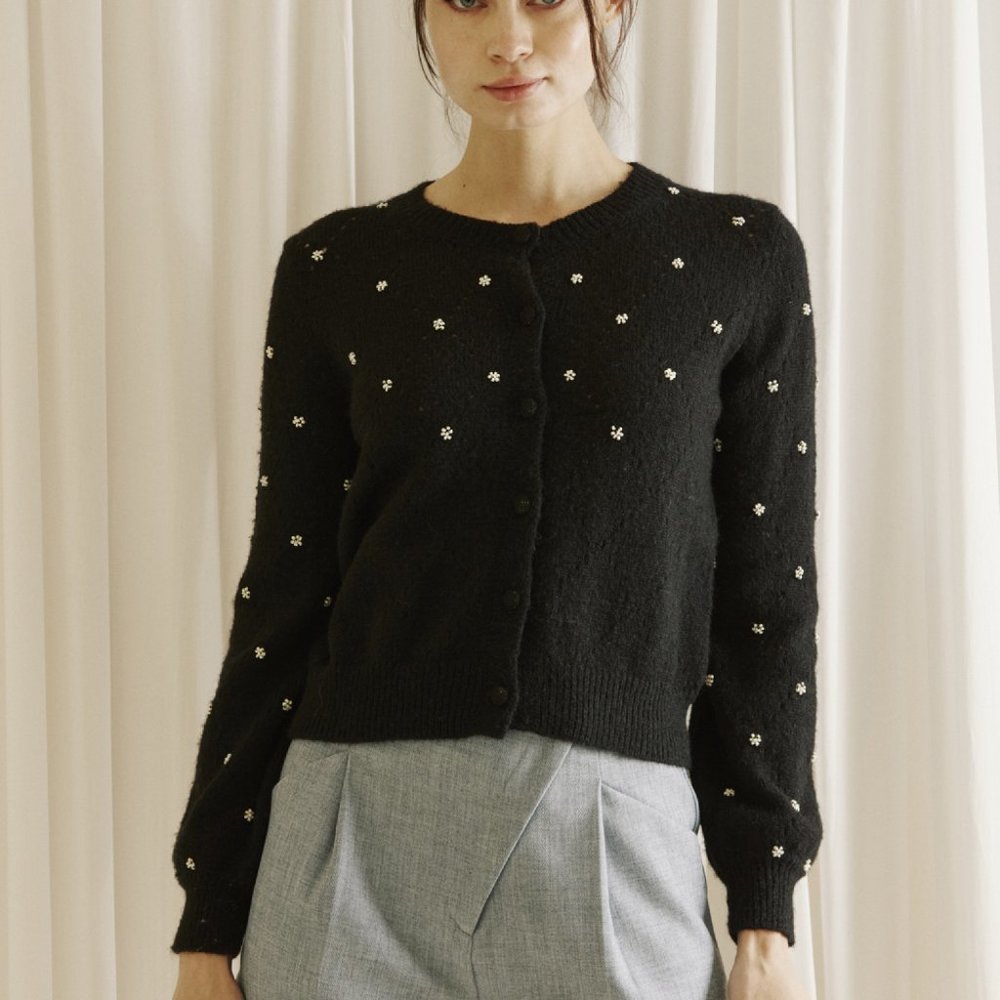 Storia Classic Black Embellished Cardigan with Crystal Accents